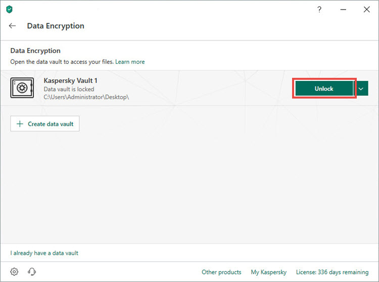 Opening a vault in Kaspersky Total Security