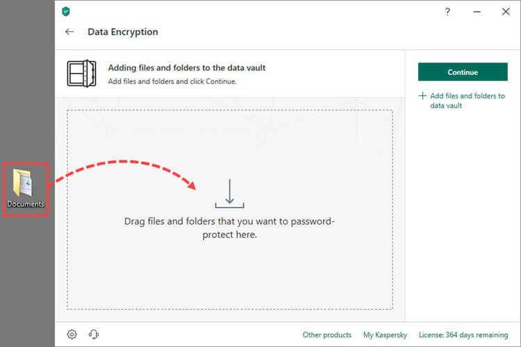 Dragging a folder to a data vault in Kaspersky Total Security 19