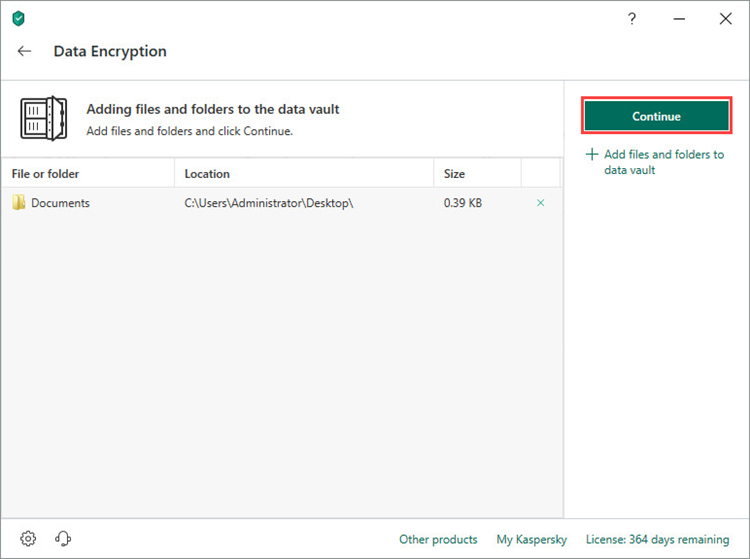 Creating a vault in Kaspersky Total Security 19