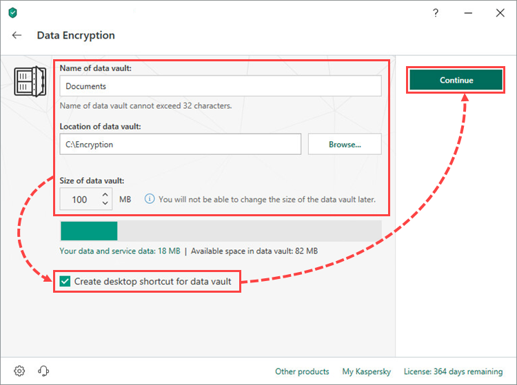 Entering a vault name, location and size in Kaspersky Total Security 19