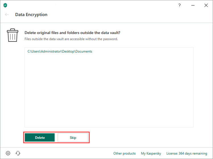 Action to take on original files when creating a vault in Kaspersky Total Security 19