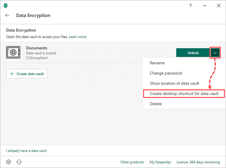 Creating a vault shortcut in Kaspersky Total Security 19