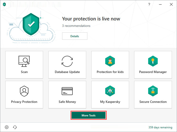 Opening the tools window of Kaspersky Security Cloud 19