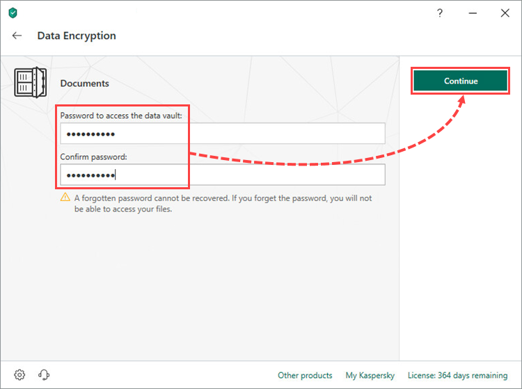 Creating a vault password in Kaspersky Security Cloud 19
