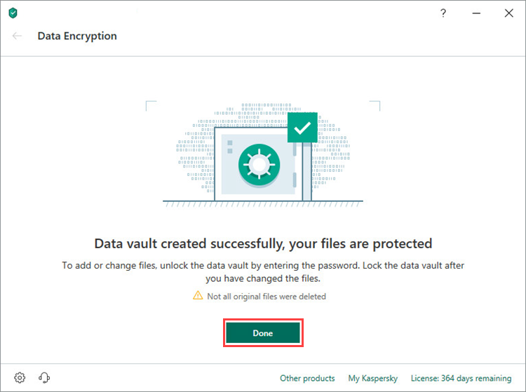 Completing vault creation in Kaspersky Security Cloud 19