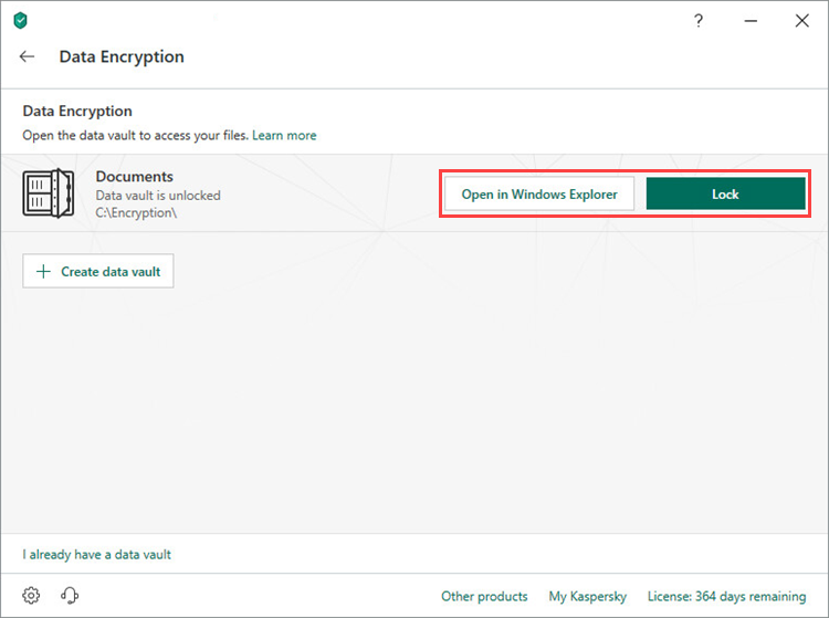 Opening or locking a vault in Kaspersky Security Cloud 19