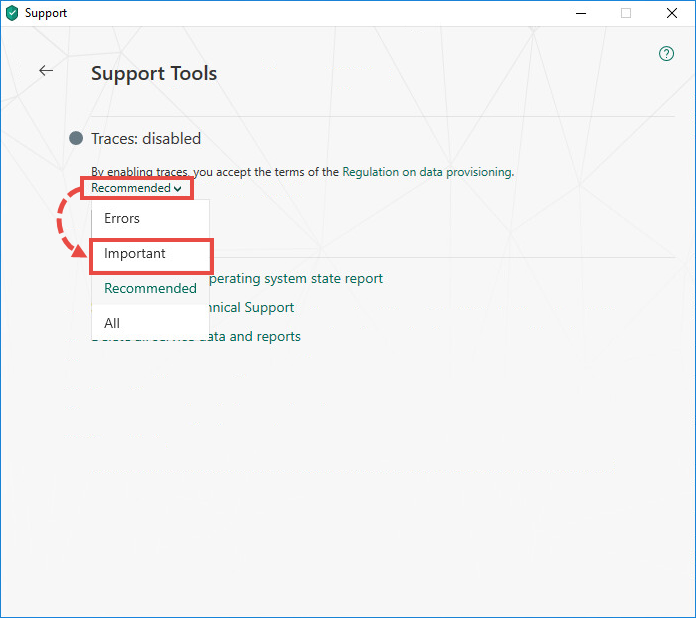 Selecting the events to trace in Kaspersky Total Security 19