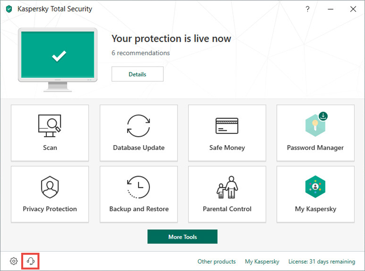 Opening the Support window in Kaspersky Total Security 19
