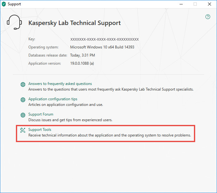 Opening the Support Tools window of Kaspersky Total Security 19
