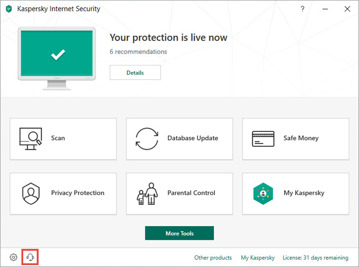 Opening the Support window of Kaspersky Internet Security 19