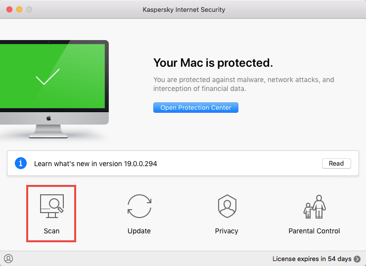 Opening a scan window in Kaspersky Internet Security 19 for Mac