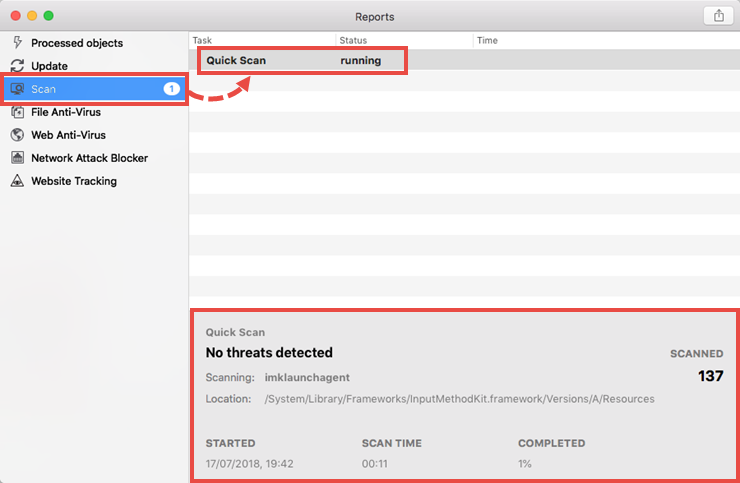 Viewing the scan task report in Kaspersky Internet Security 19 for Mac