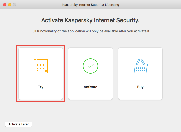 Applying the trial license to Kaspersky Internet Security 19 for Mac