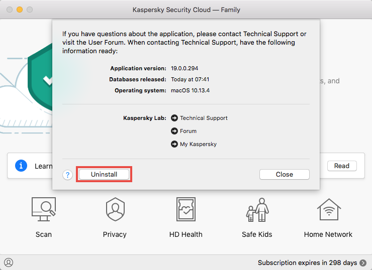 Uninstalling Kaspersky Security Cloud for Mac