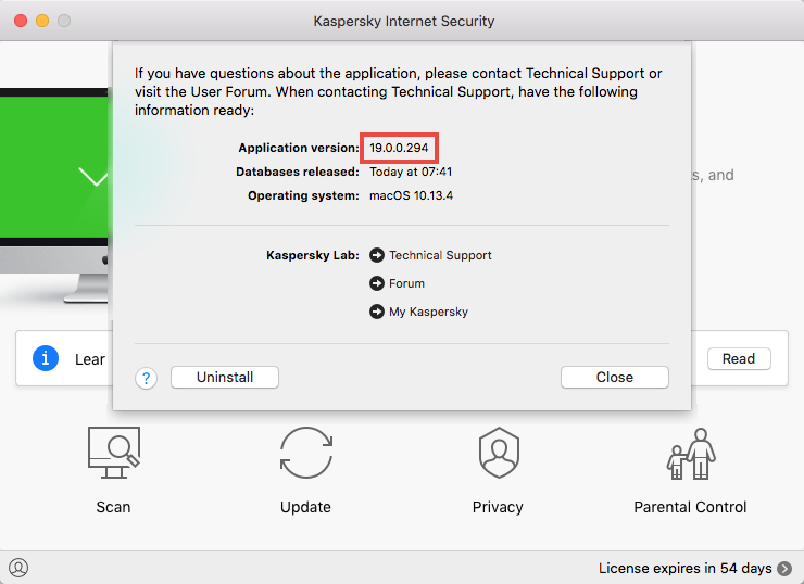 Viewing the version number of Kaspersky Internet Security 19 for Mac