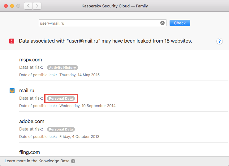 Opening the recommendations window of Kaspersky Security Cloud 19 for Mac
