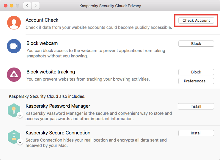 Starting a scan of a user account with Kaspersky Security Cloud 19 for Mac