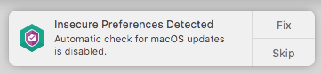 Viewing insecure preferences in Kaspersky Security Cloud 19 for Mac