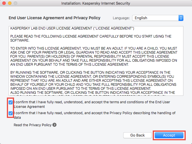The EULA and Privacy Policy step of the installation wizard