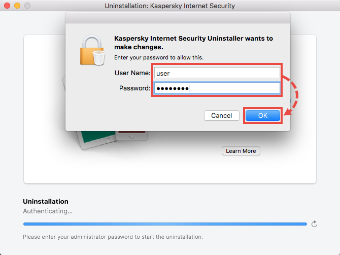 Window for entering the credentials for your Mac account