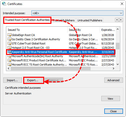 Opening the Certificate Export Wizard for a Kaspersky root certificate.