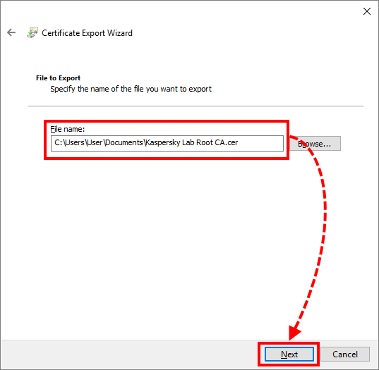 Exporting a Kaspersky root certificate.