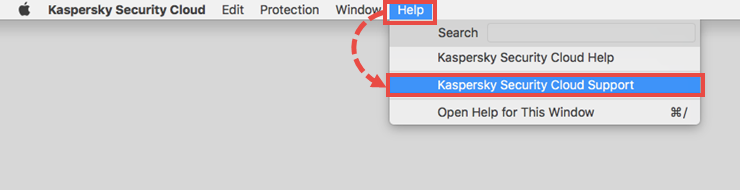 Opening the Support window of Kaspersky Security Cloud 19 for Mac