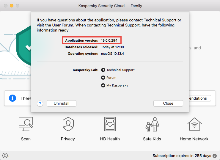 Viewing the version number of Kaspersky Security Cloud 19 for Mac