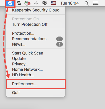 Opening the preferences of Kaspersky Security Cloud 19 for Mac