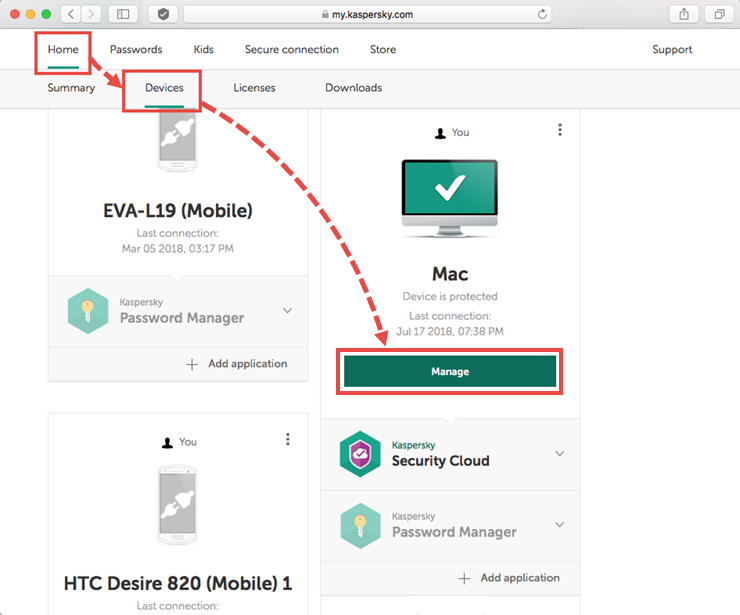 Opening the device for management in My Kaspersky