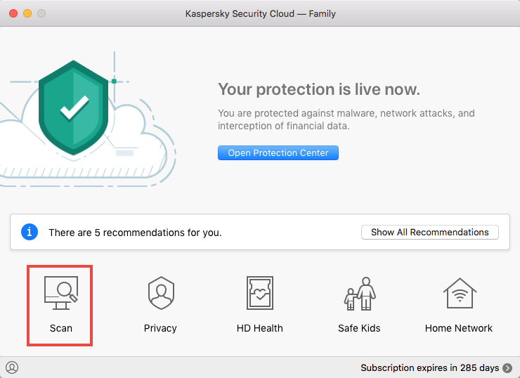 Opening a scan window in Kaspersky Security Cloud 19 for Mac