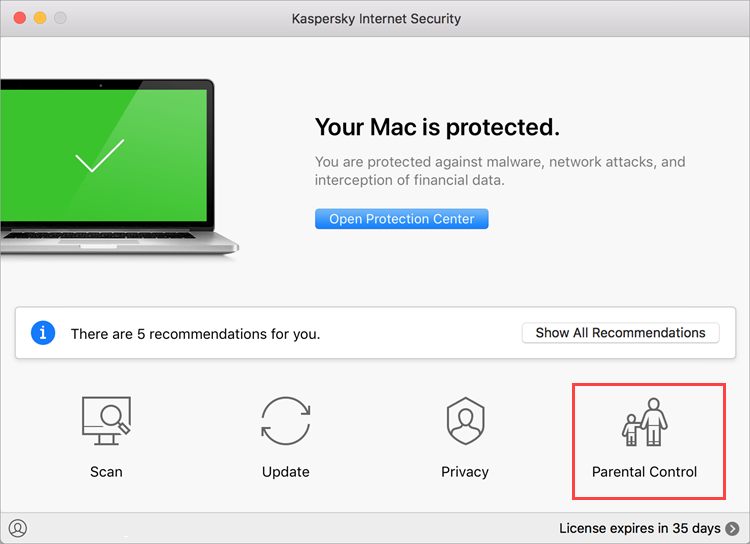 Opening Parental Control settings in Kaspersky Internet Security 19 for Mac