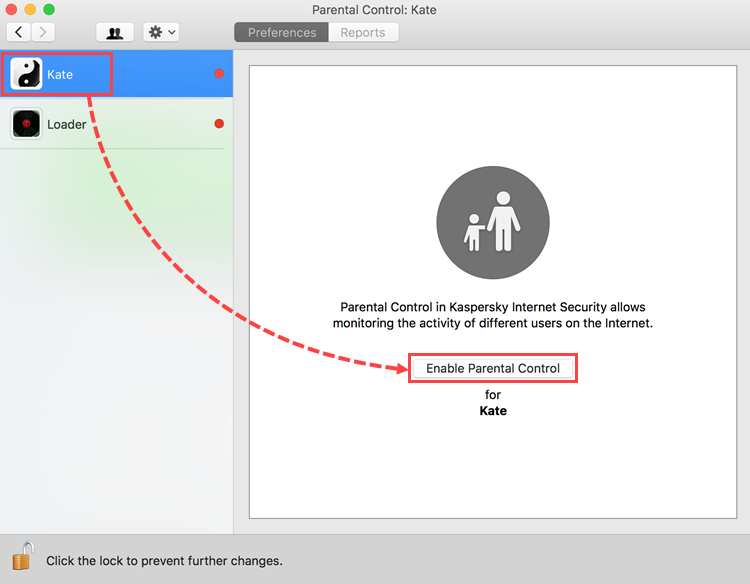 Selecting a user account for configuring Parental Control in Kaspersky Internet Security 19 for Mac