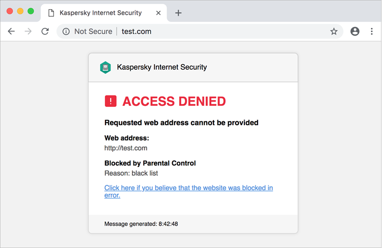 Window in Safari with message about website blocked by Parental Control