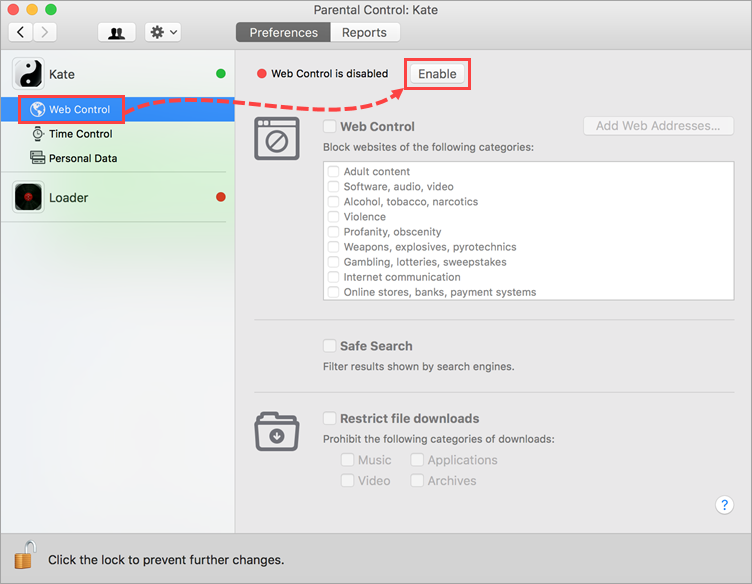 Opening Web Control settings in Kaspersky Internet Security 19 for Mac