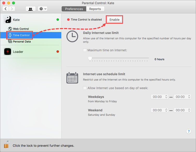 Opening the Time Control settings in Kaspersky Internet Security 19 for Mac