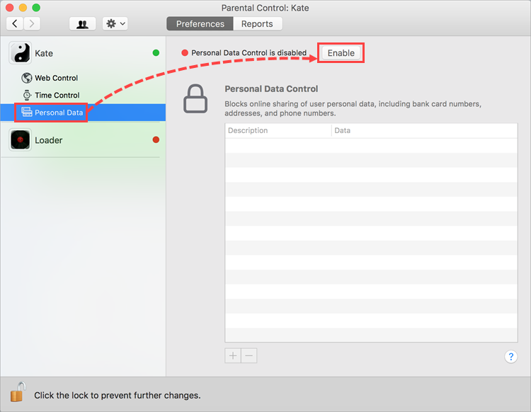 Opening the Personal Data settings in Kaspersky Internet Security 19 for Mac