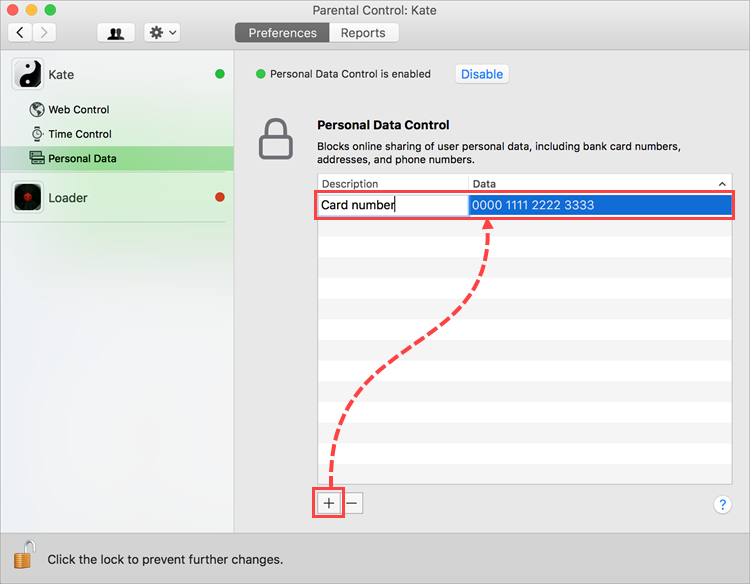 Entering a card number for configuring Personal Data settings in Kaspersky Internet Security 19 for Mac