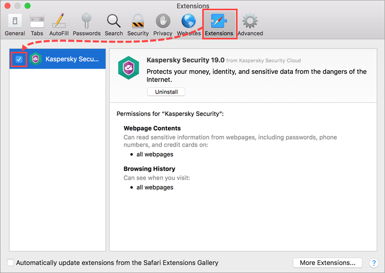 Enabling the Kaspersky Security 19 extension in Safari