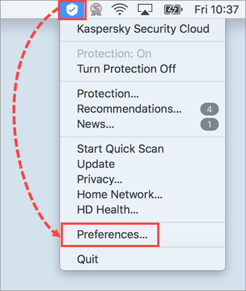Opening the preferences of Kaspersky Security Cloud for Mac