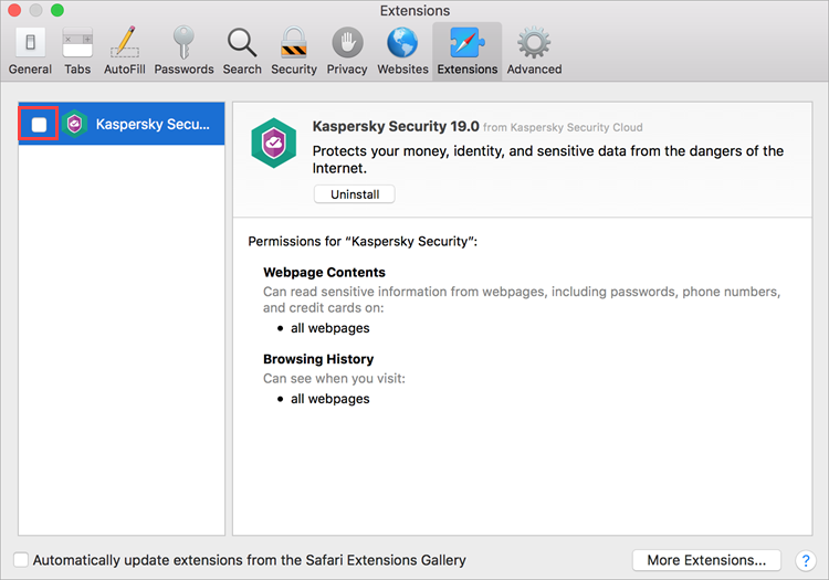 Disabling Kaspersky Security 19 in Safari