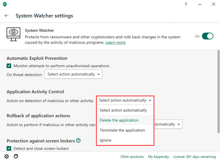 Selecting an action for Kaspersky Anti-Virus 20 to take upon detection of a malicious or suspicious activity