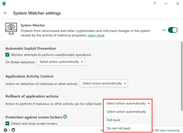 Selecting an action for Kaspersky Anti-Virus 20 to take when there’s an option to roll back of malicious or suspicious activity