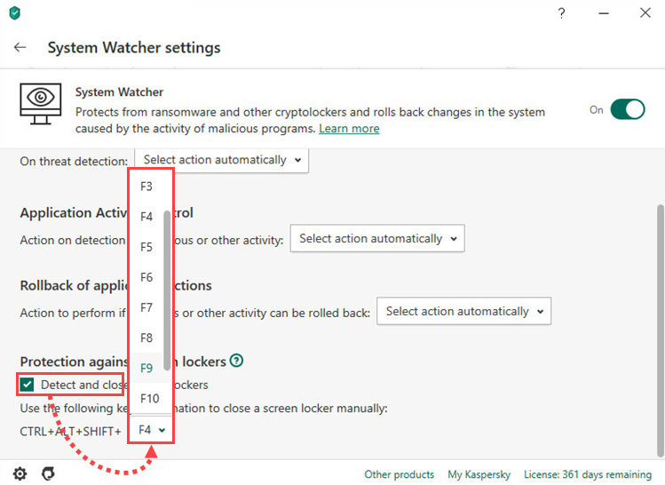 Setting a key combination for removing screen locking applications in Kaspersky Anti-Virus 20