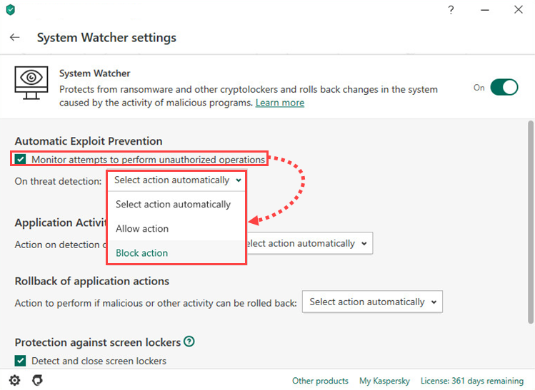 Configuring Automatic Exploit Prevention in Kaspersky Security Cloud 20