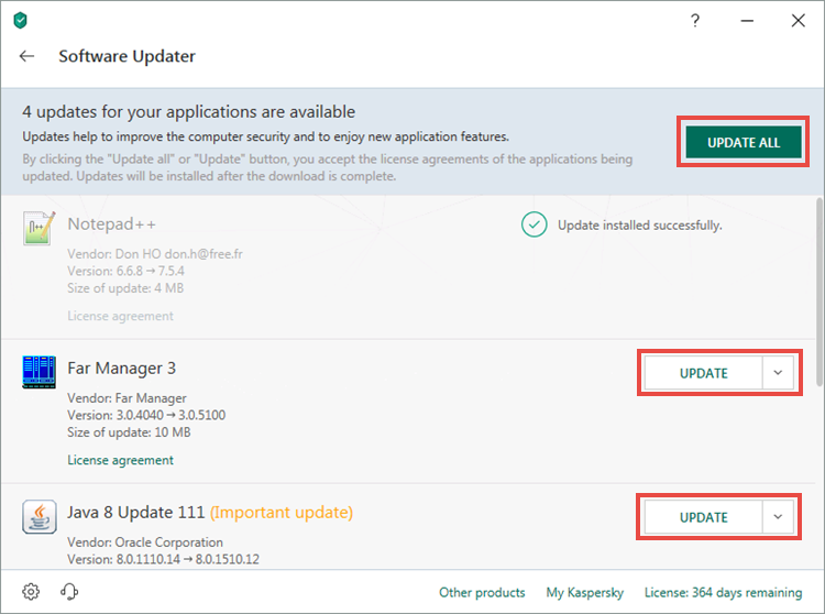 Installation of all detected application updates in Kaspersky Internet Security 19