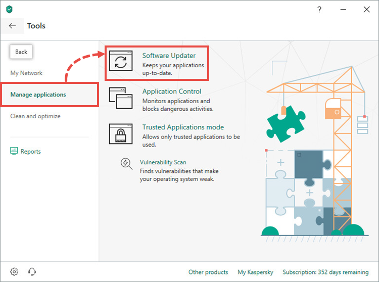 Opening the Software updater feature in Kaspersky Internet Security 19