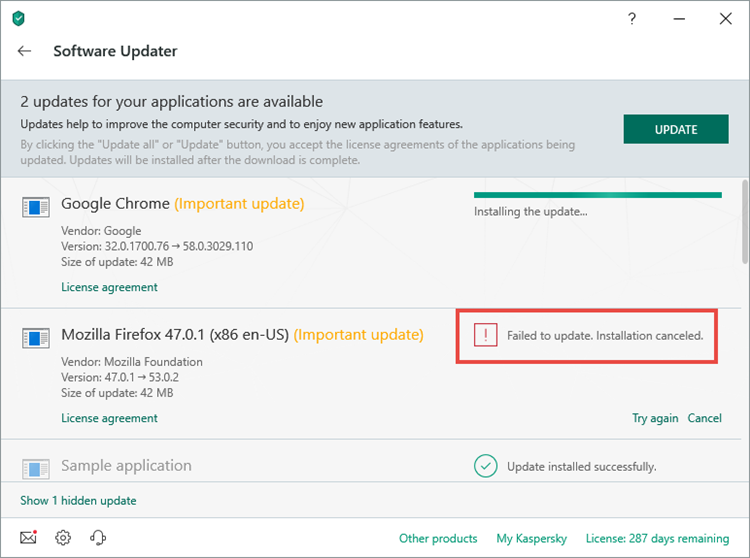 Notification of failed application update in Kaspersky Total Security 19
