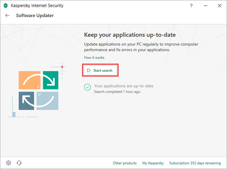 Starting a search for application updates in Kaspersky Security Cloud 19