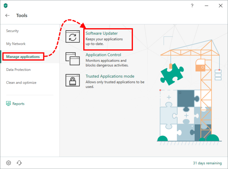 Opening the Software updater in Kaspersky Security Cloud 19